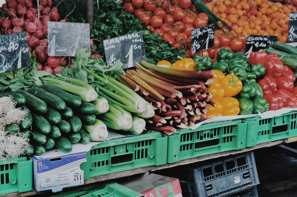 Crates of fresh vegetables ready for distribution